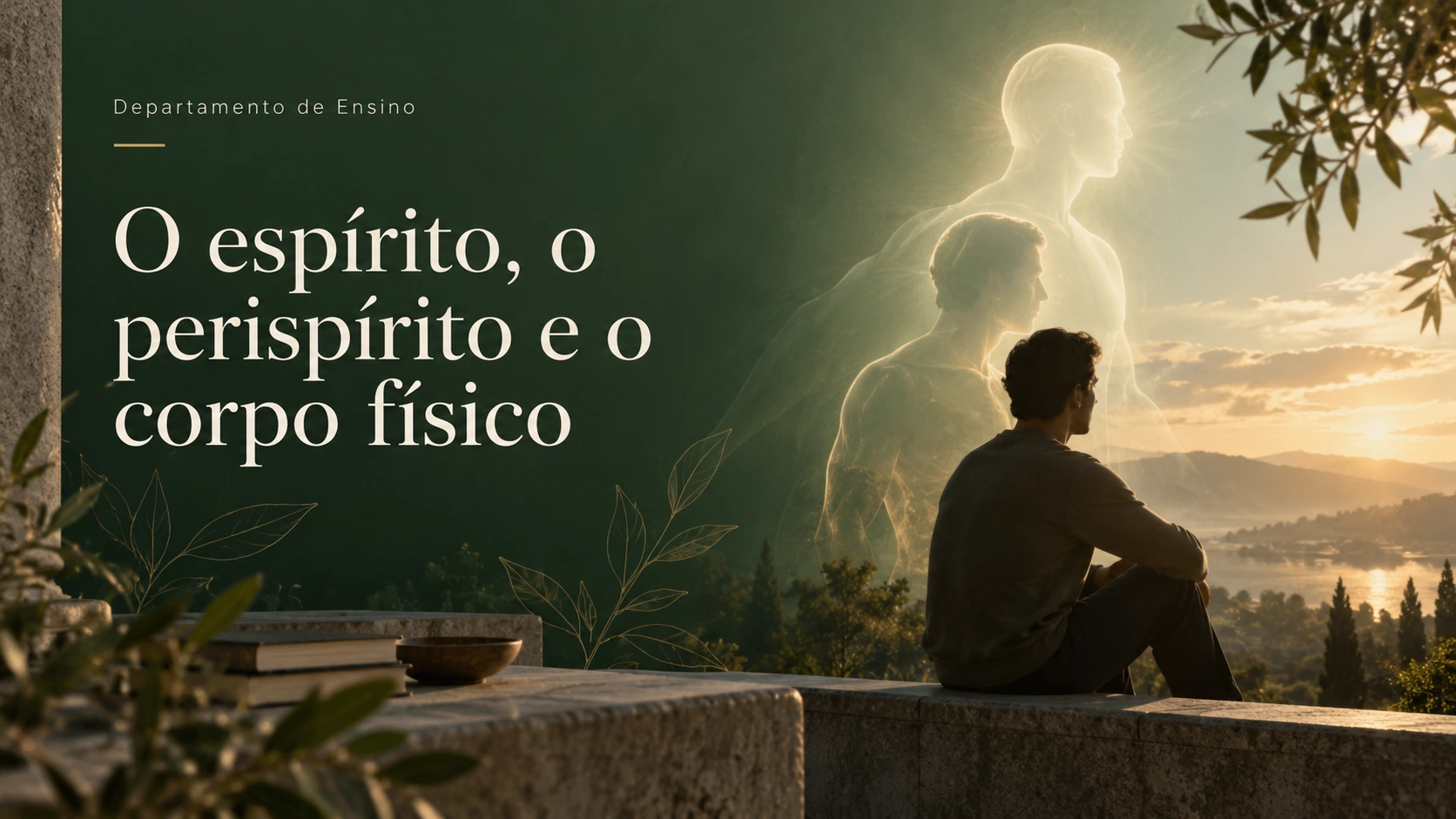 Capa do artigo O espírito, o períspirito e o corpo físico, com figura contemplando a paisagem