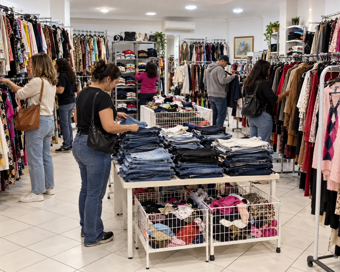 Ilustração de um espaço de roupas organizado e movimentado