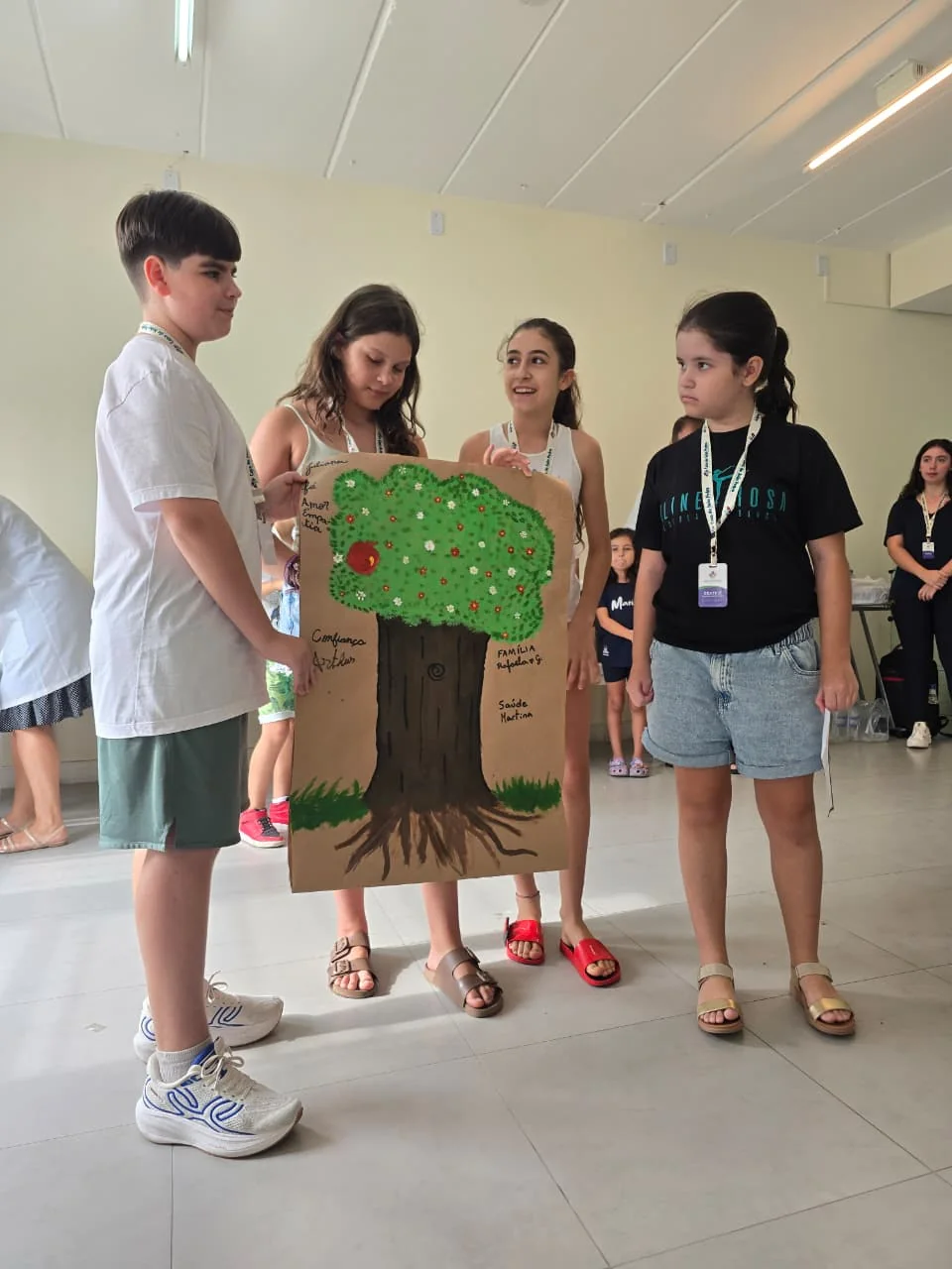 Apresentação de trabalho coletivo com uma árvore desenhada