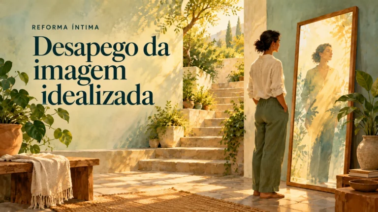 Ilustração de uma pessoa diante de um espelho, ao lado de uma escada iluminada, com o título Desapego da imagem idealizada e a identificação Reforma Íntima.