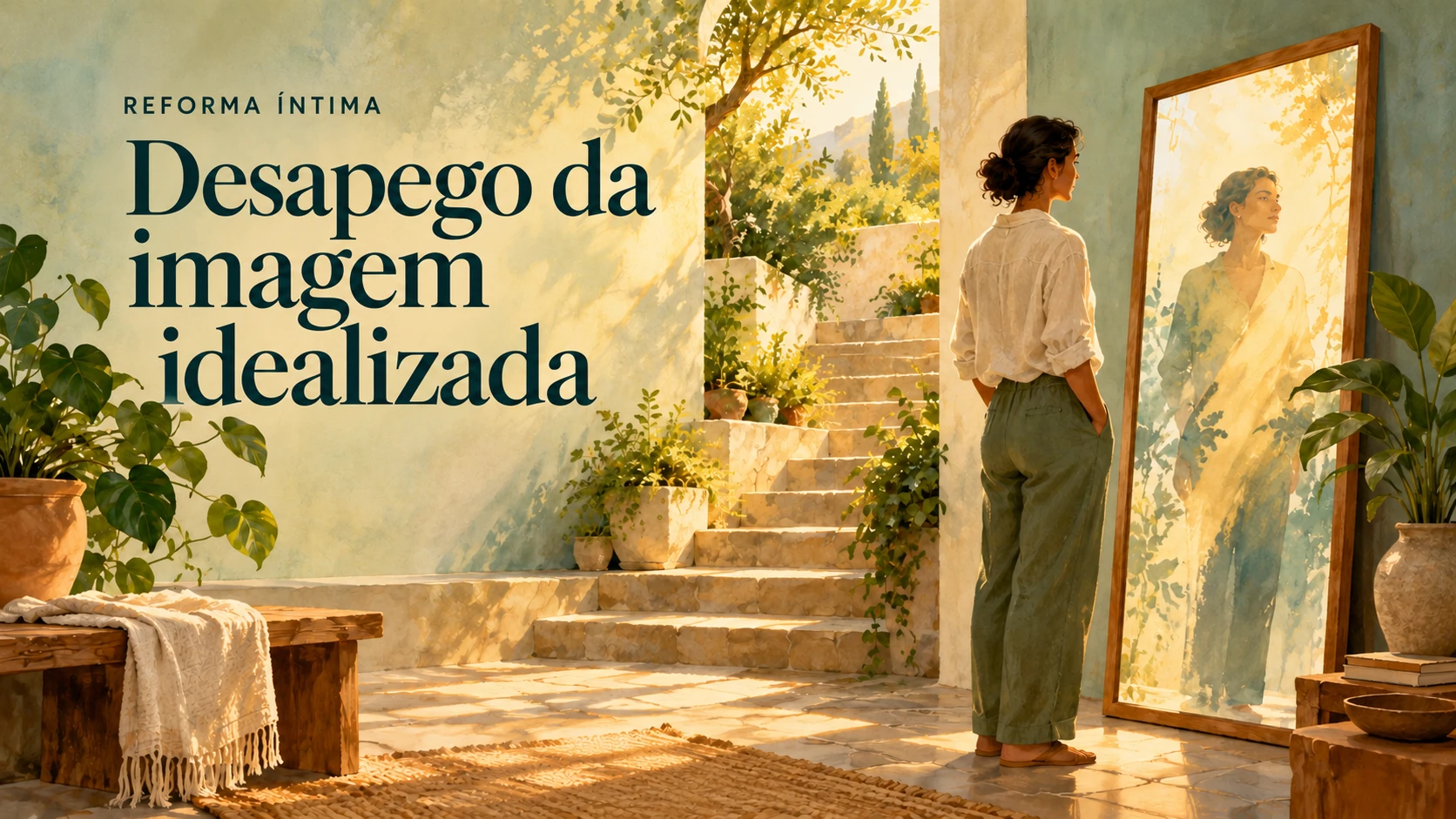 Ilustração de uma pessoa diante de um espelho, ao lado de uma escada iluminada, com o título Desapego da imagem idealizada e a identificação Reforma Íntima.